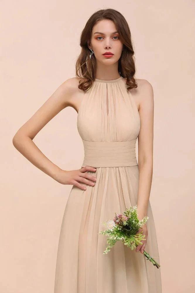 Simple Halter Champagne Slim Long Bridesmaid Dress (ZD13023)
