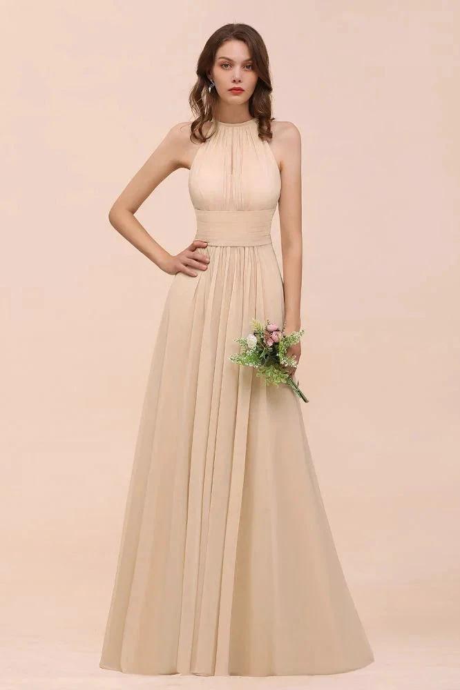 Simple Halter Champagne Slim Long Bridesmaid Dress by misshow.com