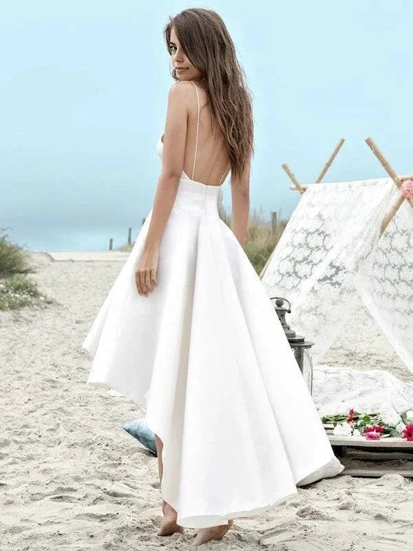 Simple High Low A-Line V-neck Spaghetti Straps Wedding Dress With Pockets (ZD14328)