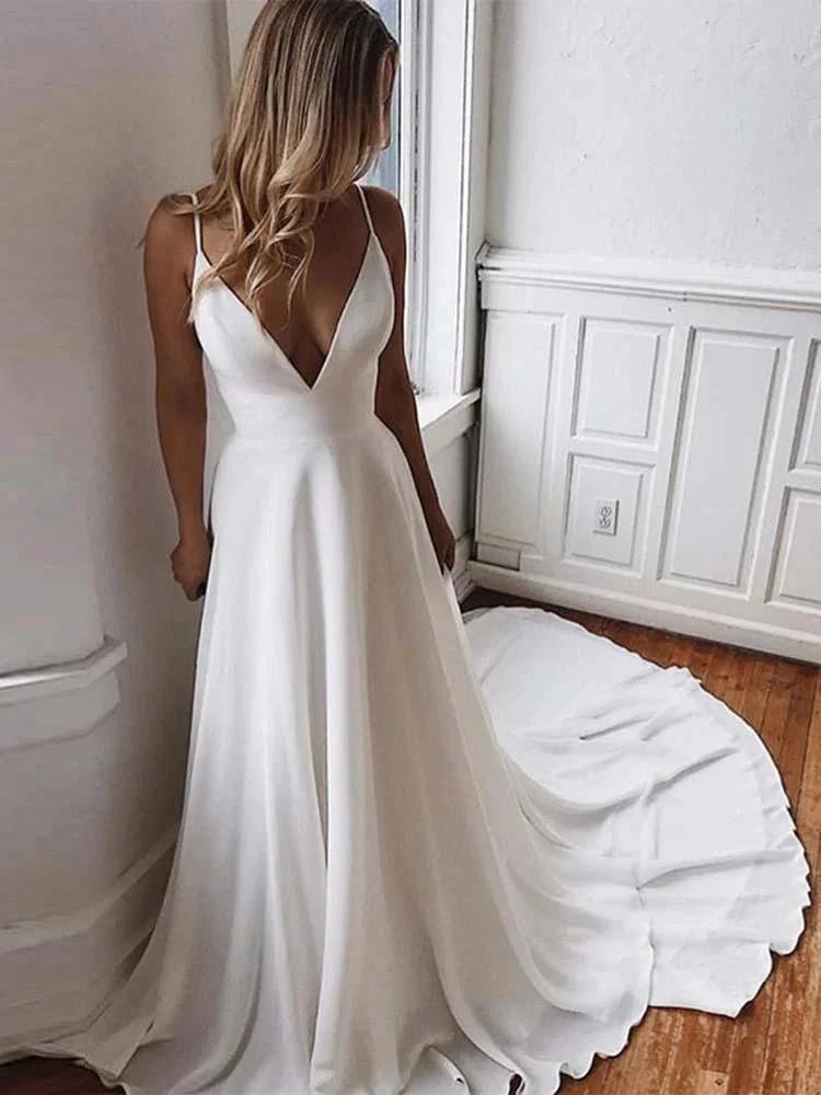 Simple Ivory Long A-line V-Neck Satin Backelss Wedding Dresses (ZD15920)