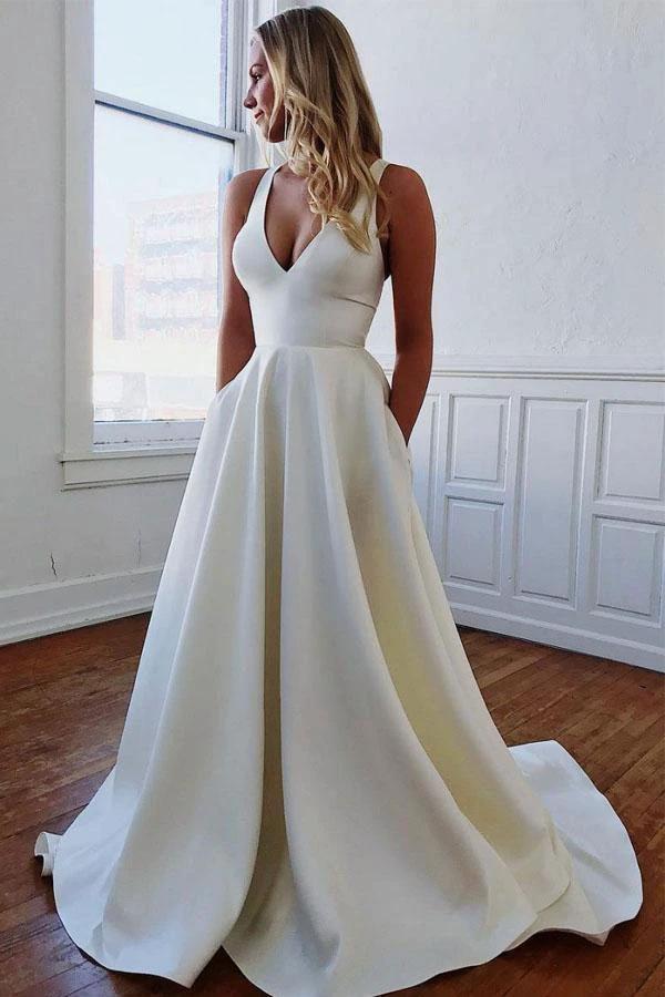 Simple Ivory Satin V Neck  Wedding Dress With Bow-knot (ZD16325)