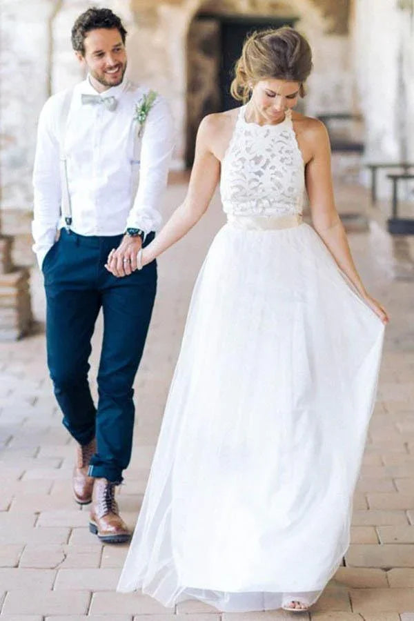 Simple Jewel Sleeveless Floor-Length Lace Top Wedding Dress (ZD16374)
