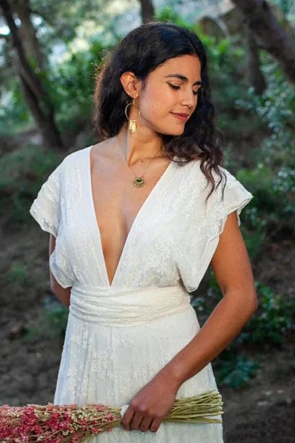 Simple Long A-line Open Back Sleeveless V-neck Lace Wedding Dress (ZD16689) - View 4 | VelvetHem