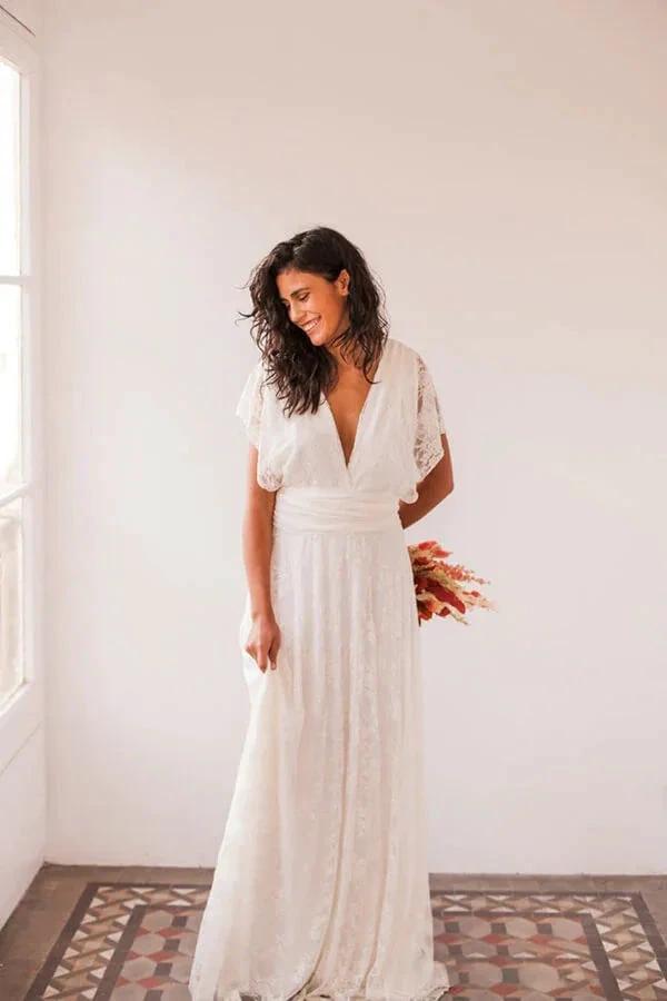 Simple Long A-line Open Back Sleeveless V-neck Lace Wedding Dress (ZD16689)