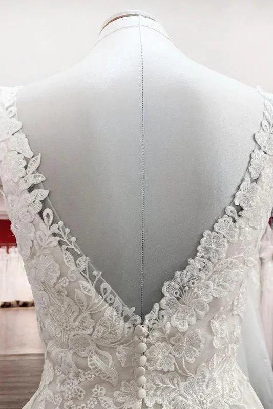Simple Long A-line Tulle Lace V Neck Appliques Lace Open Back Wedding Dress (ZD15250)