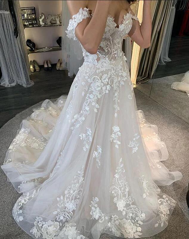Simple Long A-line Tulle Off-the-Shoulder Lace Appliques Wedding Dress (ZD15127)