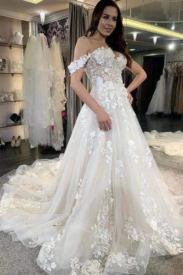 Simple Long A-line Tulle Off-the-Shoulder Lace Appliques Wedding Dress (ZD15127)