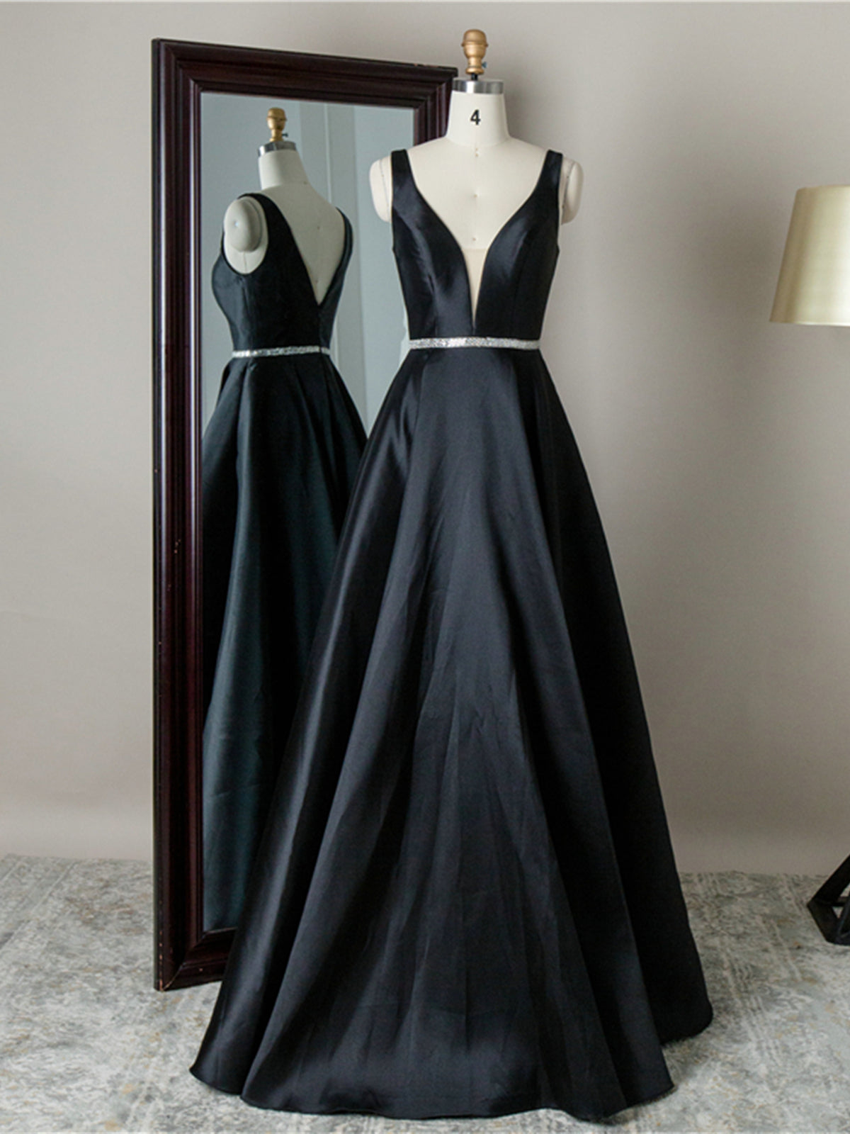 Simple Long A-line V-neck Backless Satin Prom Dress Black Formal Graduation Evening Dresses - VelvetHem