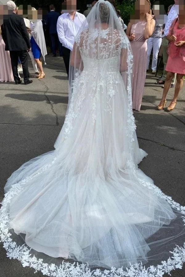 Simple Long A-Line V-neck Long Sleeves Wedding Dresses With Lace (ZD14831)