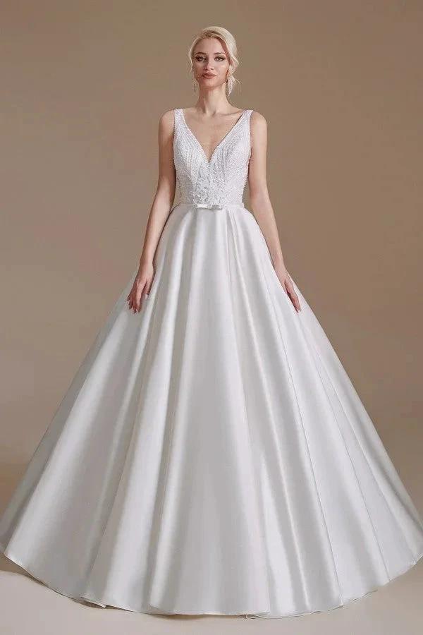 Simple Long A-line V-neck Satin Wedding Dress with Appliques Lace (ZD14346)