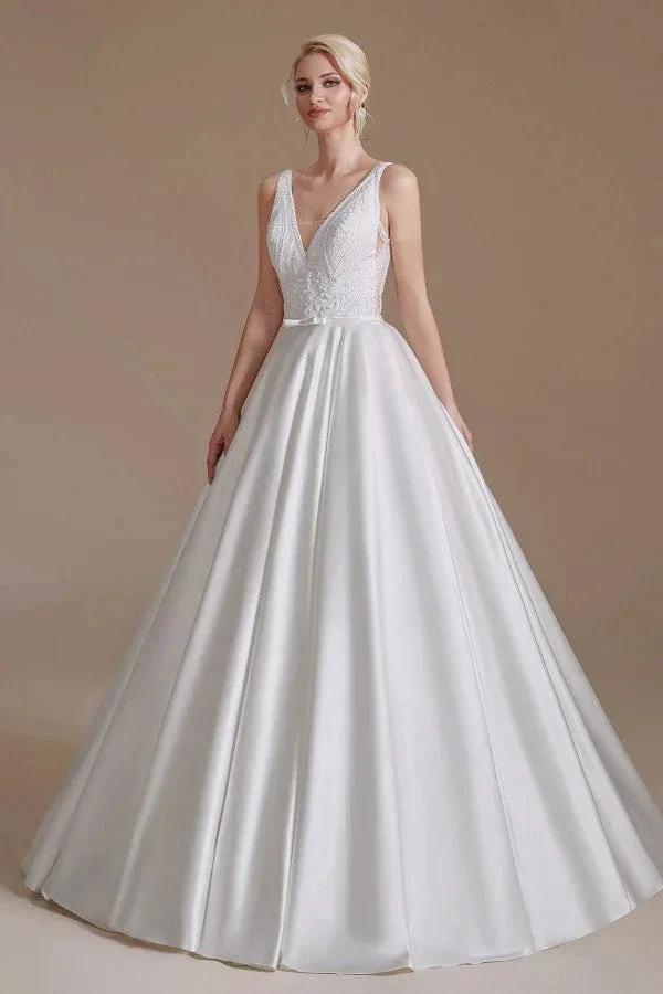 Simple Long A-line V-neck Satin Wedding Dress with Appliques Lace (ZD14346)