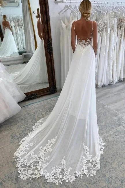 Simple Long A-line V-neck Spaghetti Straps Wedding Dresses With Lace (ZD14903)