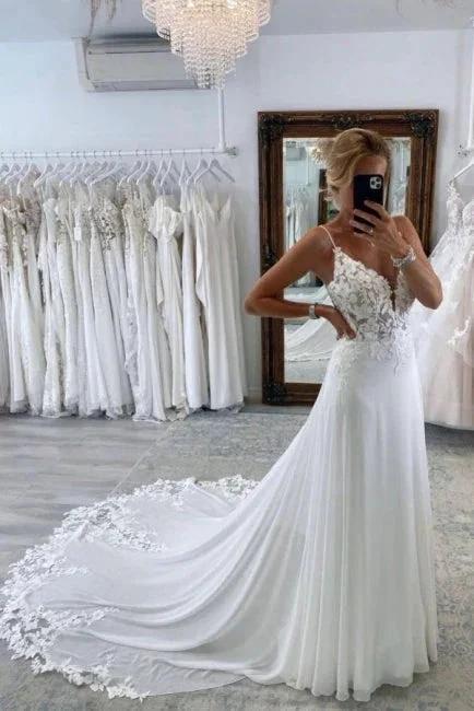 Simple Long A-line V-neck Spaghetti Straps Wedding Dresses With Lace (ZD14903)