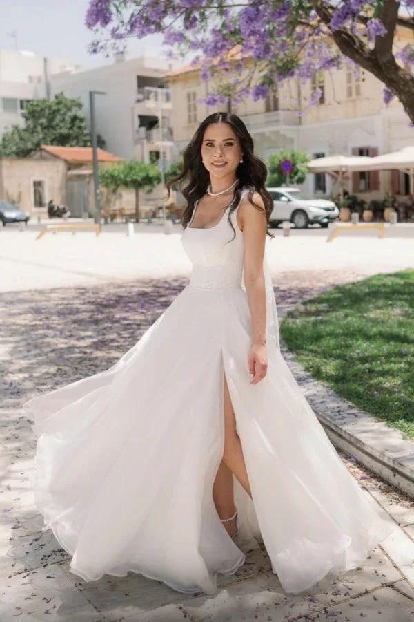 Simple Long Ivory A-line Straps Tulle Sleeveless Wedding Dress with Slit (ZD15516)