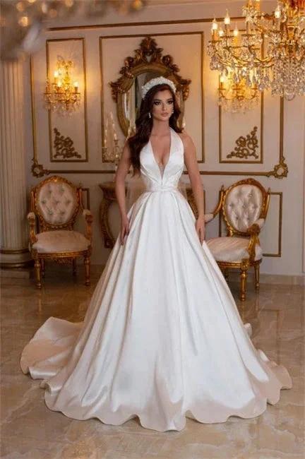 Simple Long Ivory A-line V-neck Sleeveless Satin Wedding Dresses (ZD14956)