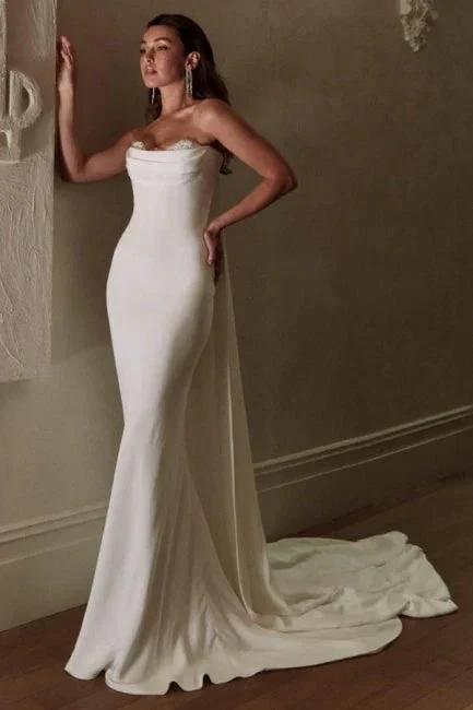 Simple Long Ivory Mermaid Strapless Satin Wedding Dress with Lace (ZD16643) - VelvetHem