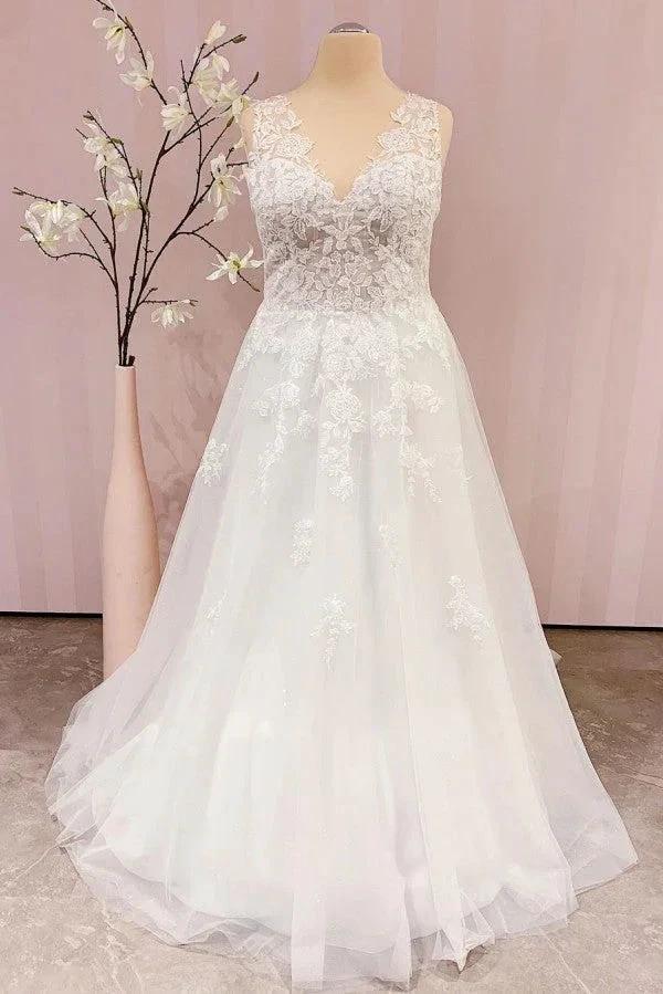 Simple Long V-neck A-Line Backless Wedding Dress With Appliques Lace (ZD15085)