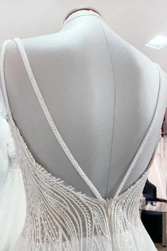 Simple Long V-neck Sequins Ruffles A-line Tulle Backless Wedding Dress (ZD14283)