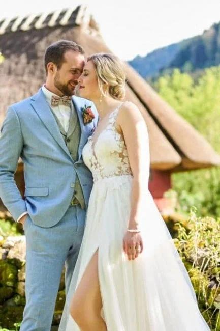 Simple Long White A-line V-neck Sleeveless Tulle Lace Wedding Dress with Slit (ZD16672)