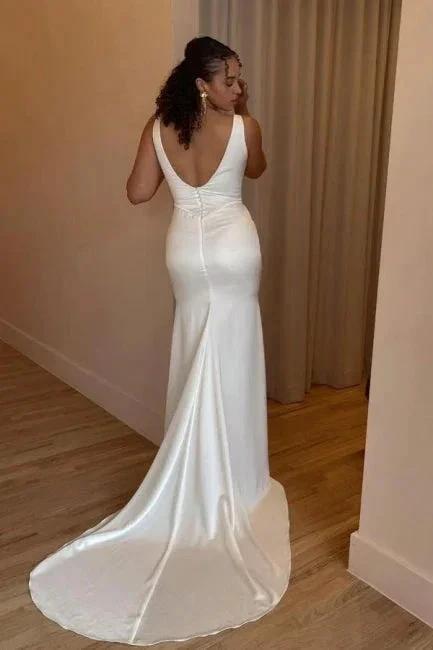Simple Long White Mermaid Satin Sleeveless Wedding Dresses with Slit (ZD15637)