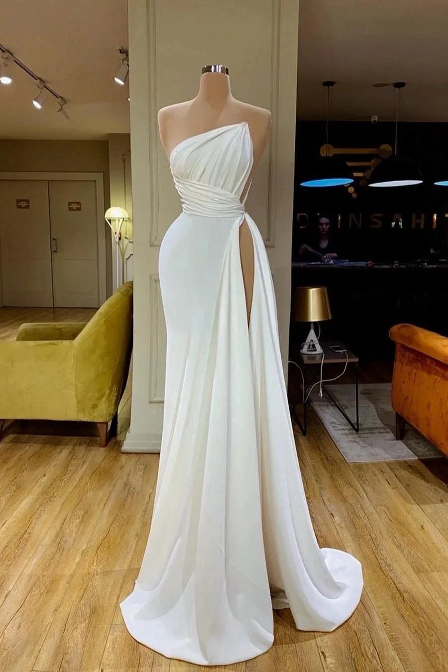 Simple Long White Sleeveless Satin Wedding Dress With Ruffles (ZD14518)