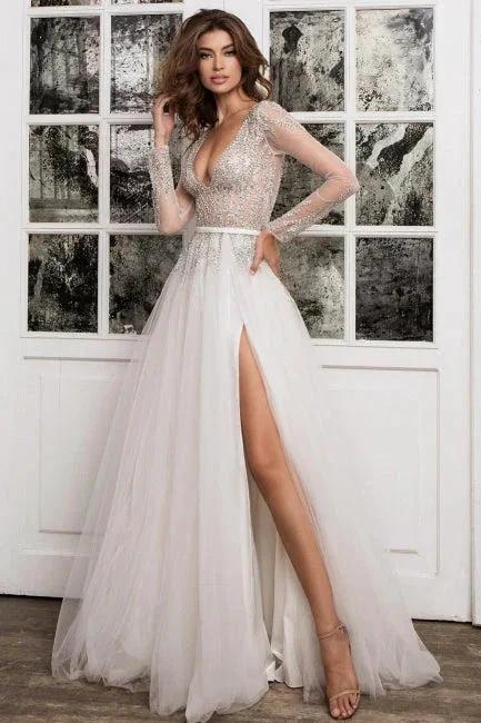 Simple Pleats Sequins V-neck Long Sleeve Brush A-Line Wedding Dresses (ZD14682)