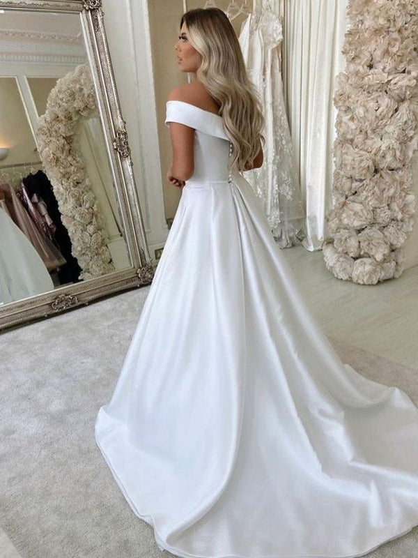 Satin Off the Shoulder Cover Button A-Line Minimalist Wedding Dress
