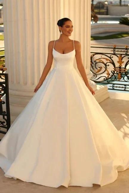 Simple spaghetti straps sleeveless ball gown satin wedding dress (ZD14869)