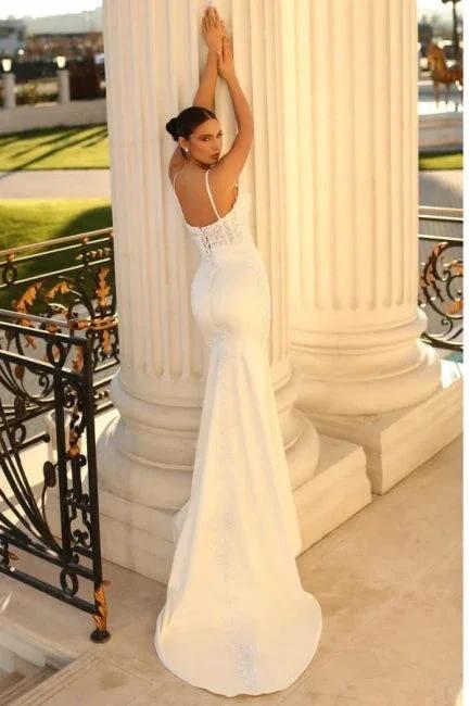Simple spaghetti straps sleeveless mermaid satin wedding dress with lace (ZD14867)