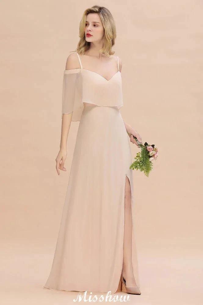 Simple Spaghetti Straps Tiered Bridesmaid Dresses | Side Slit A-Line Sleeveless Evening Maxi Dresses (ZD12932)
