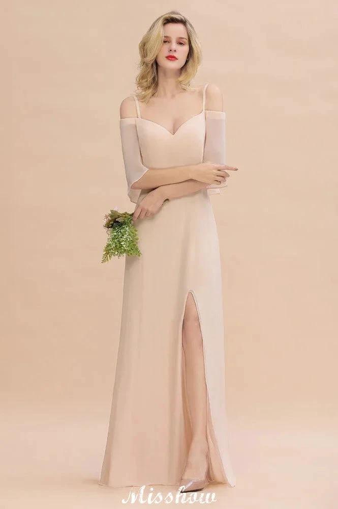 Simple Spaghetti Straps Tiered Bridesmaid Dresses | Side Slit A-Line Sleeveless Evening Maxi Dresses (ZD12932)
