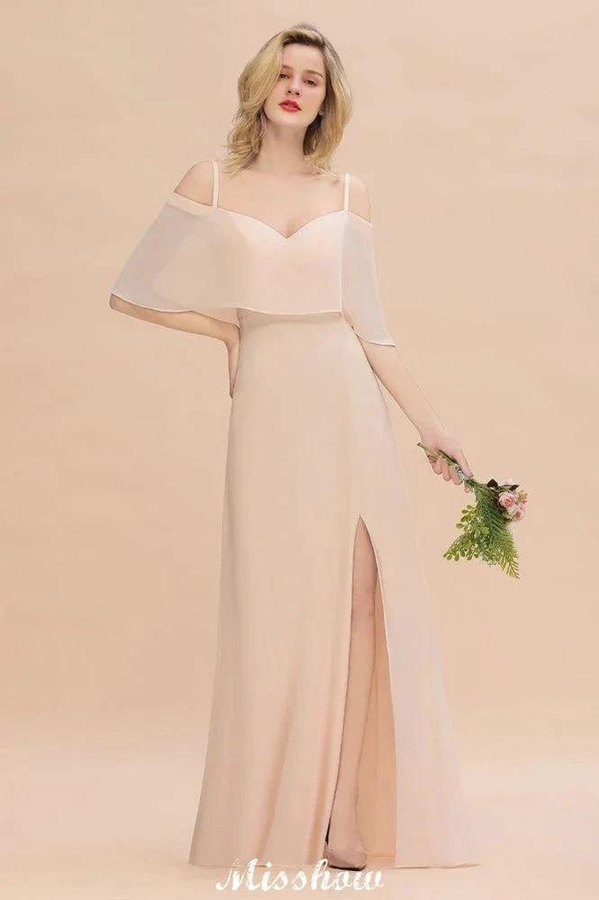 Simple Spaghetti Straps Tiered Bridesmaid Dresses | Side Slit A-Line Sleeveless Evening Maxi Dresses by misshow.com