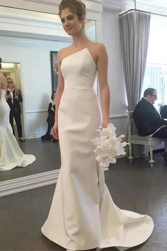 Simple Strapless Pretty Mermaid Long Elegant Ivory Sweep Train Elegant Wedding Dresses (ZD14719)