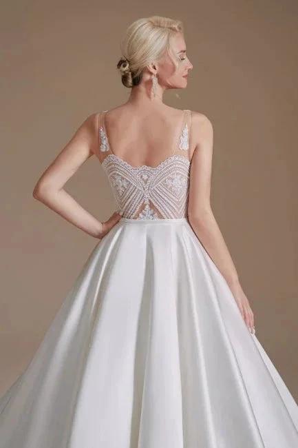Simple Straps Sleeveless A-Line Floor-Length Satin Wedding Dresses with Ruffles (ZD14664)