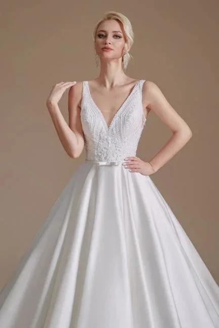 Simple Straps Sleeveless A-Line Floor-Length Satin Wedding Dresses with Ruffles (ZD14664)
