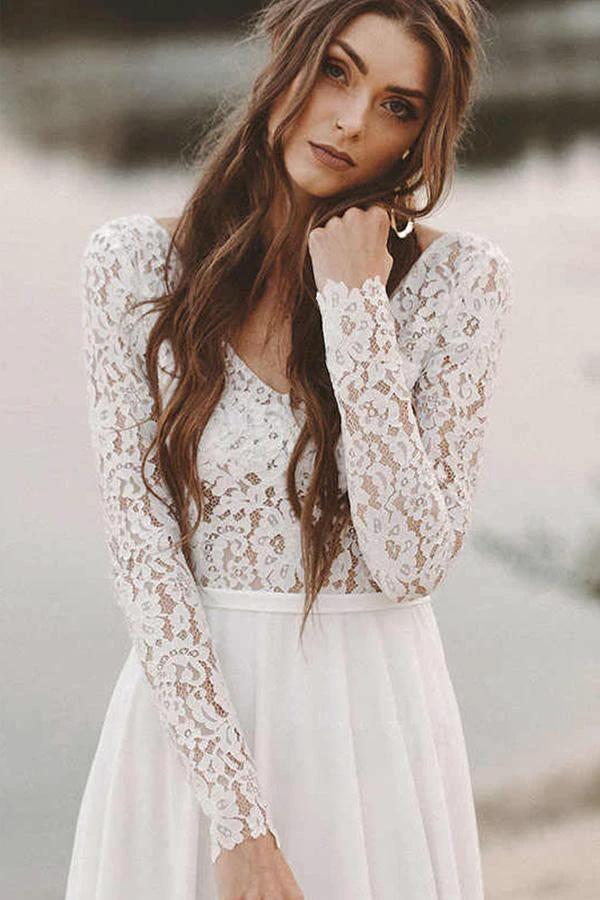 Simple V Neck Open Back Long Sleeves Lace Beach Wedding Dresses (ZD15299)