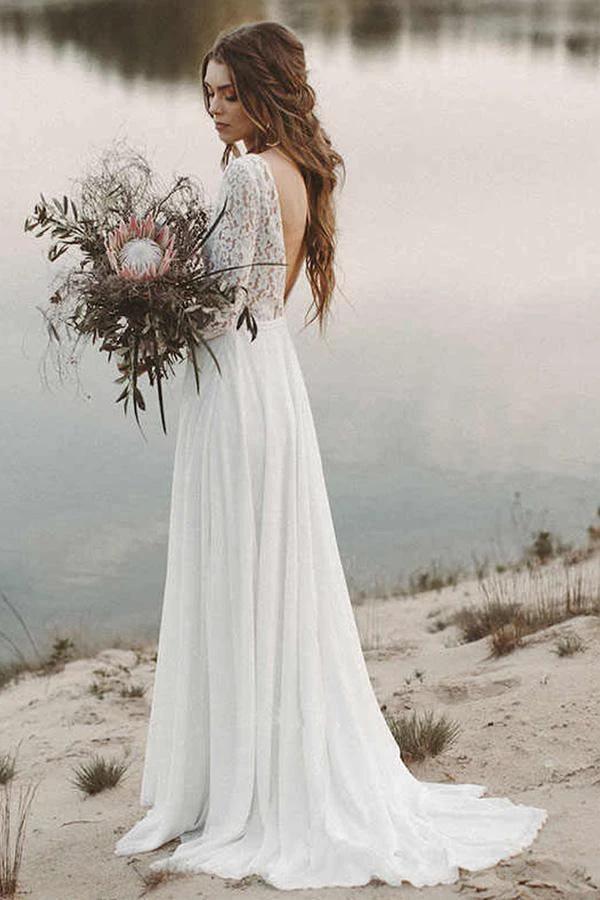 Simple V Neck Open Back Long Sleeves Lace Beach Wedding Dresses (ZD15299)