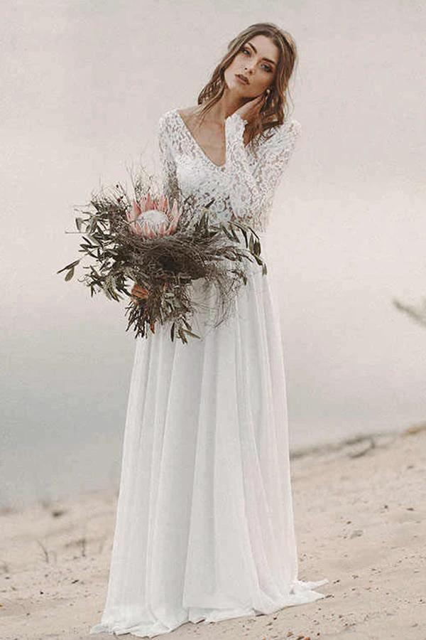 Simple V Neck Open Back Long Sleeves Lace Beach Wedding Dresses (ZD15299)