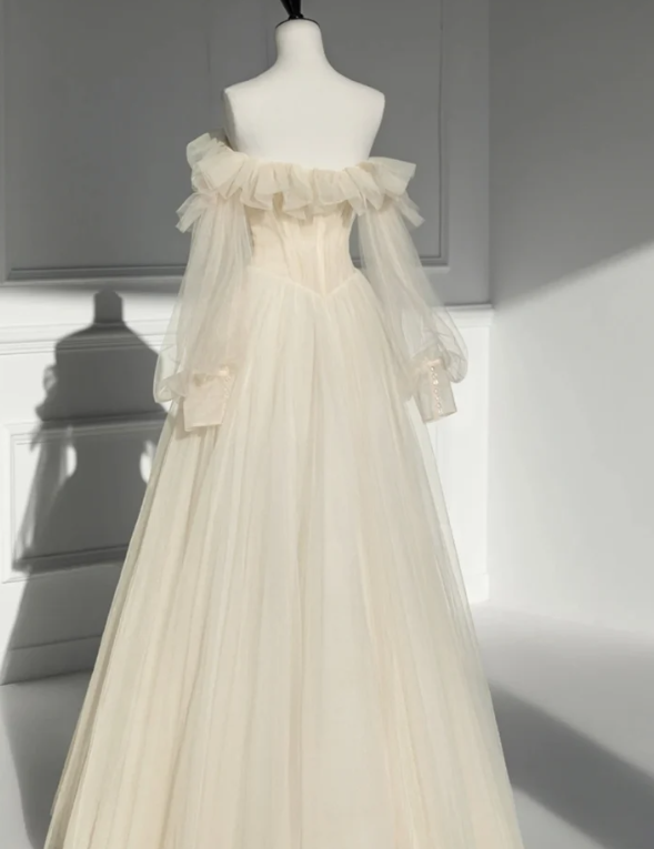 Champagne Off-The-Shoulder Gowns Dress Long Sleeve Prom Dress