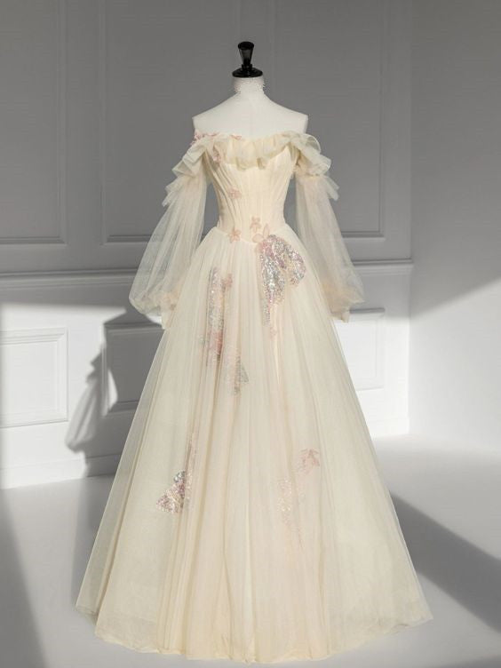 Champagne Off-The-Shoulder Gowns Dress Long Sleeve Prom Dress