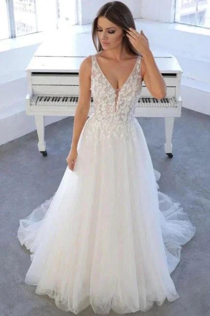 Simple V-Neck Sleeveless A-Line Tulle Wedding Dresses Bridal Gowns (ZD14982)