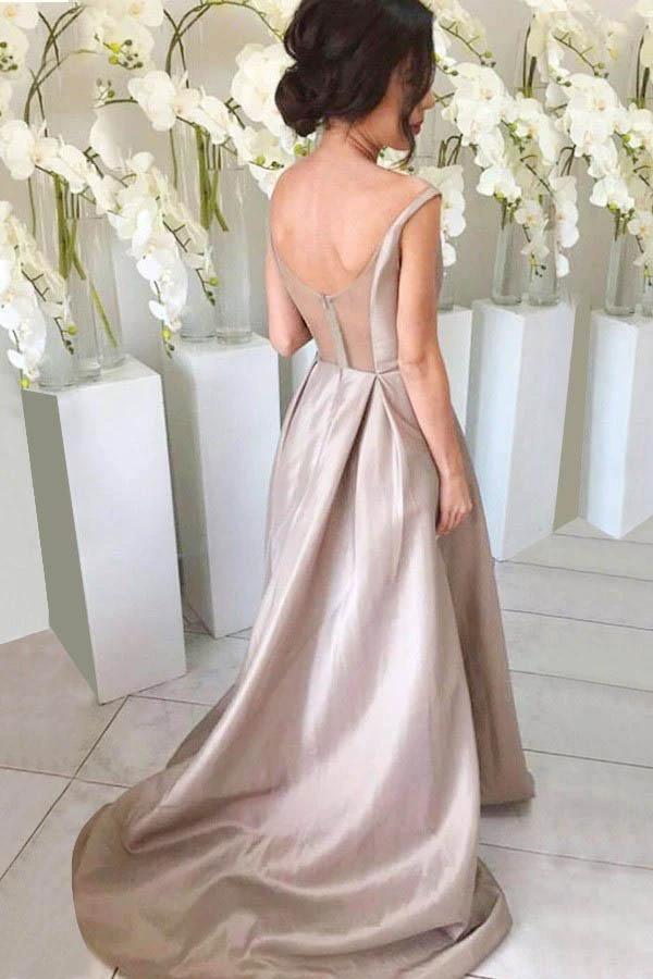 Simple V-neck Sleeveless High Low Sweep Train Silver Bridesmaid Dress (ZD13238)
