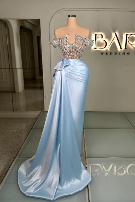 Sky Blue Off-the-Shoulder Silver Beaded Satin Court Train Prom Dresses