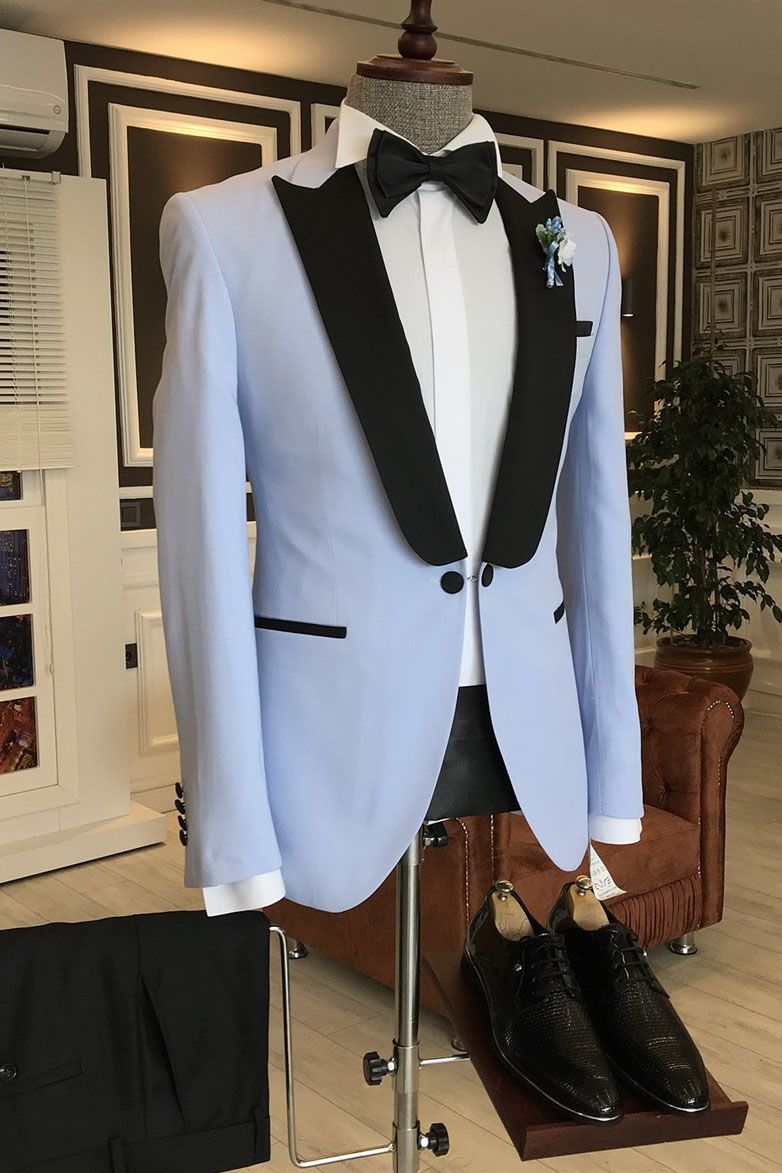 Sky Blue One Button Slim-Fit Men Suits Mixed Black Peaked Lapel