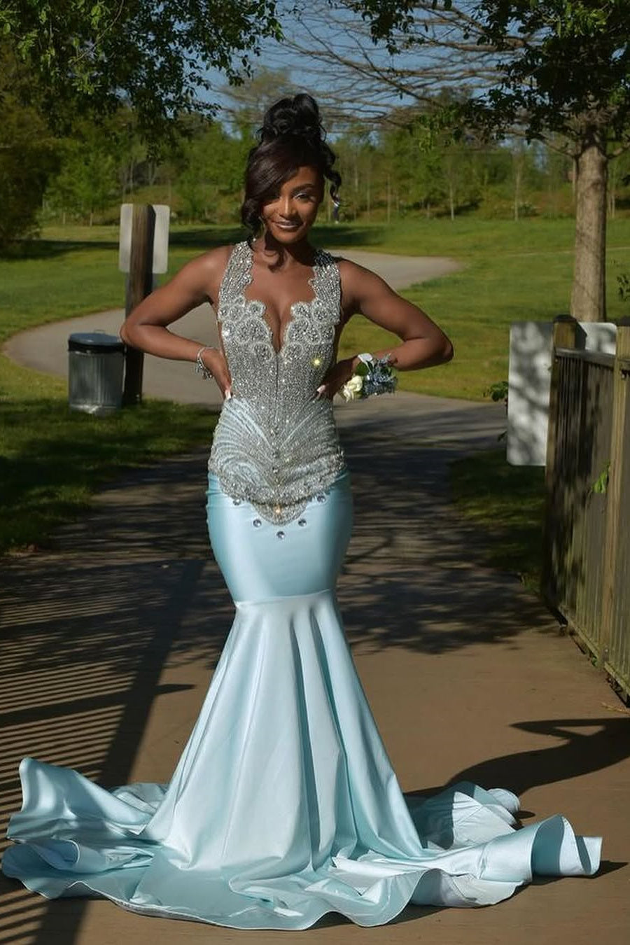 Sky Blue Silver Beaded Satin Mermaid Sleeveless Long Prom Dresses
