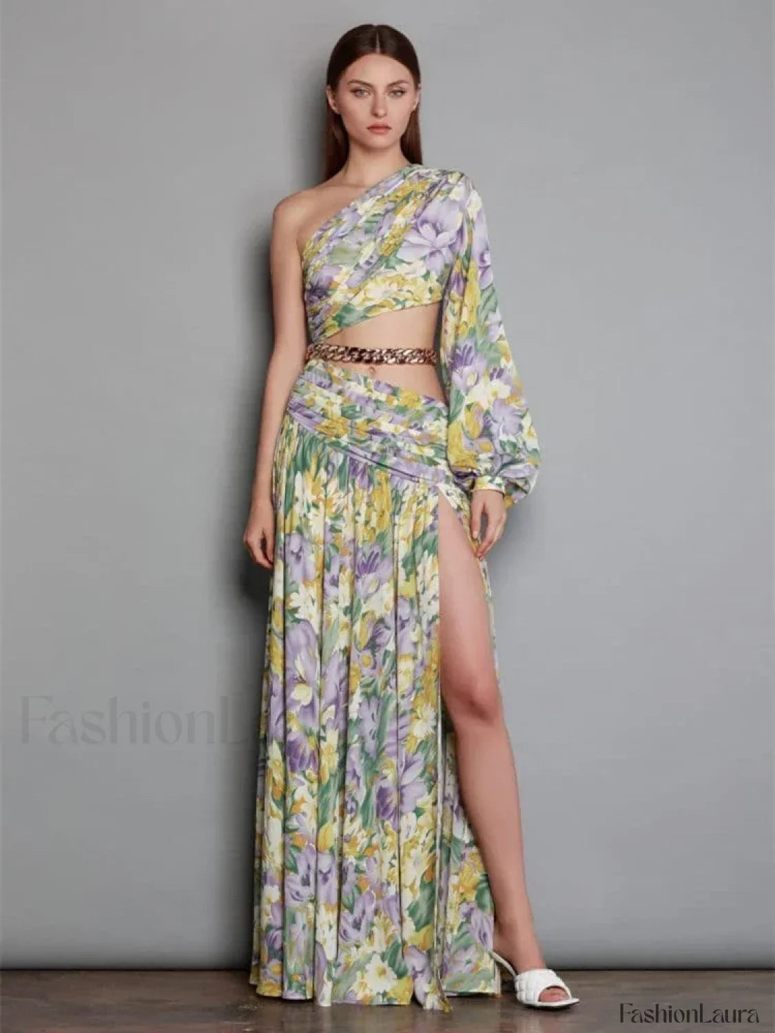 Slanted Chain Shoulder Floral Dress