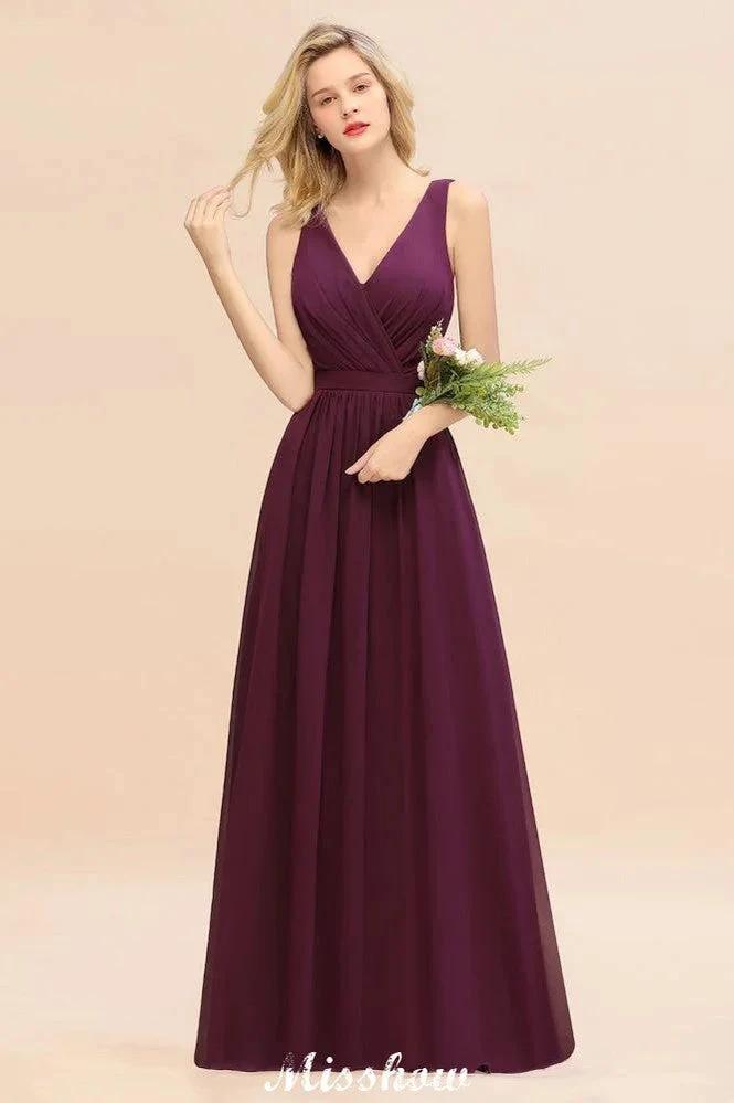 Sleeveless A-line Chiffon Bridesmaid Dress Floor-Length V-Neck Party Gown (ZD12890)