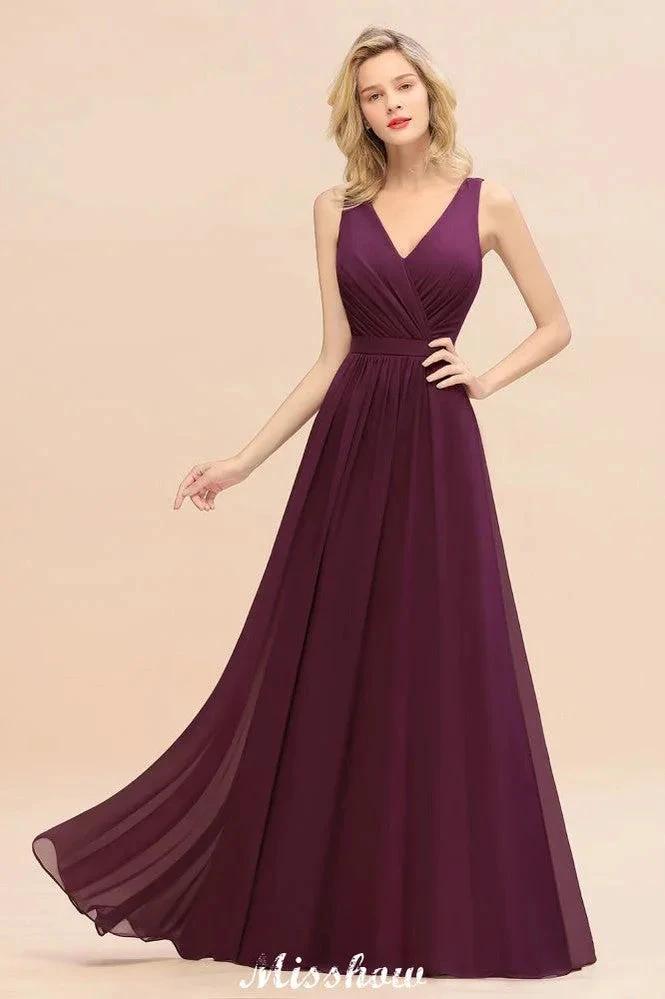Sleeveless A-line Chiffon Bridesmaid Dress Floor-Length V-Neck Party Gown (ZD12890)