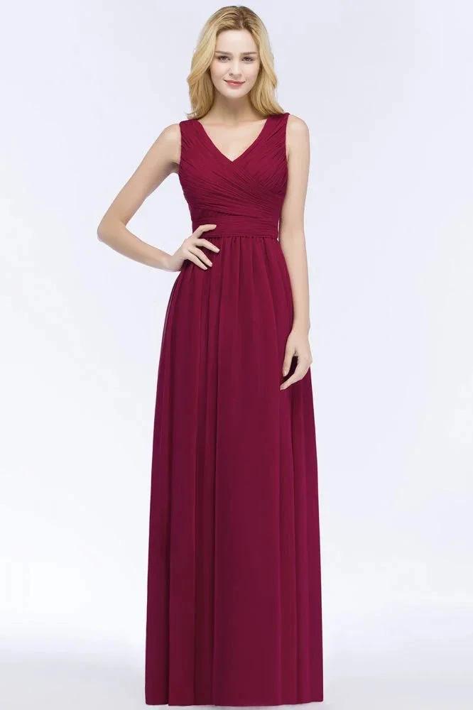 Sleeveless A-line V-neck Ruffled Chiffon Bridesmaid Dresses Floor Length Party Dress by misshow.com