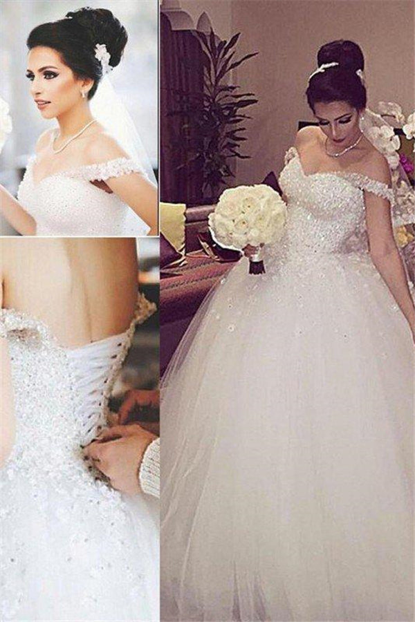 Sleeveless Ball Gown Lace Court Train Tulle Off-the-Shoulder Wedding Dresses